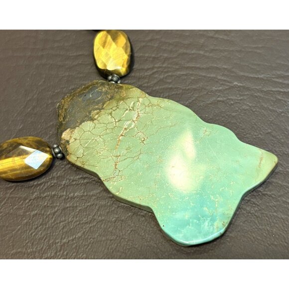 VINTAGE 925 Sterling Silver Tiger’s Eye Bead Turquoise Slice Chunky Necklace - Picture 2 of 10